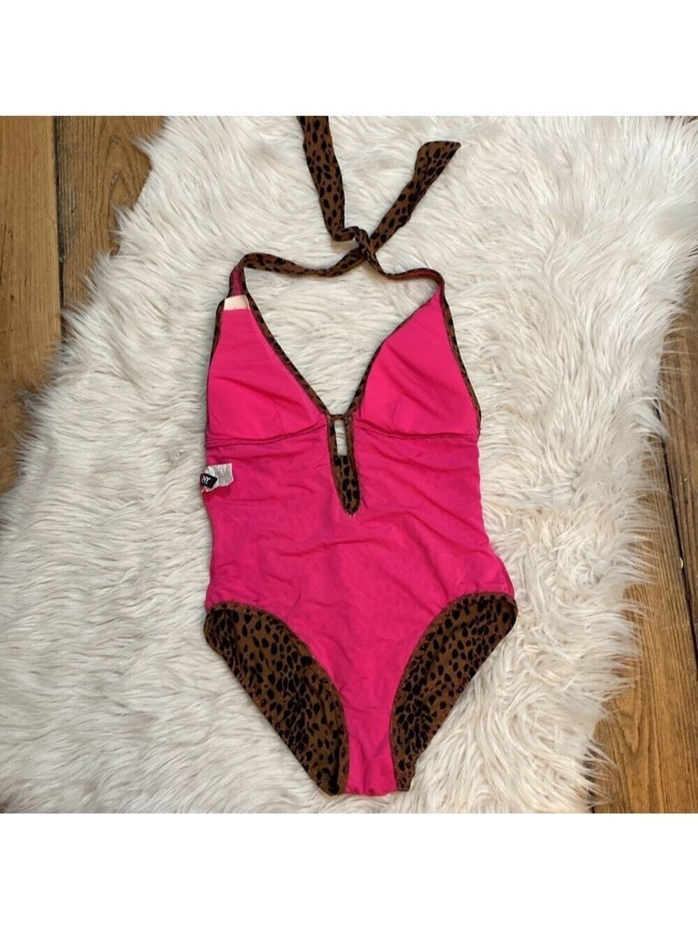 DKNY Leopard Print Plunge Neck One-Piece Swimsuit, Size 10 - Picture 11 of 16